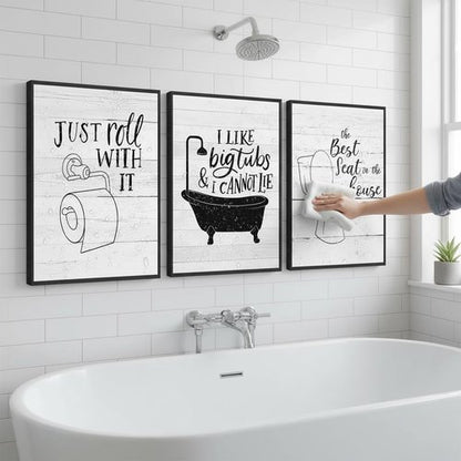 Funny Bathroom Quotes Wall Art by 3Pcs | Minimalist Black & White Prints for Washroom Decor - 12x16in Unframed