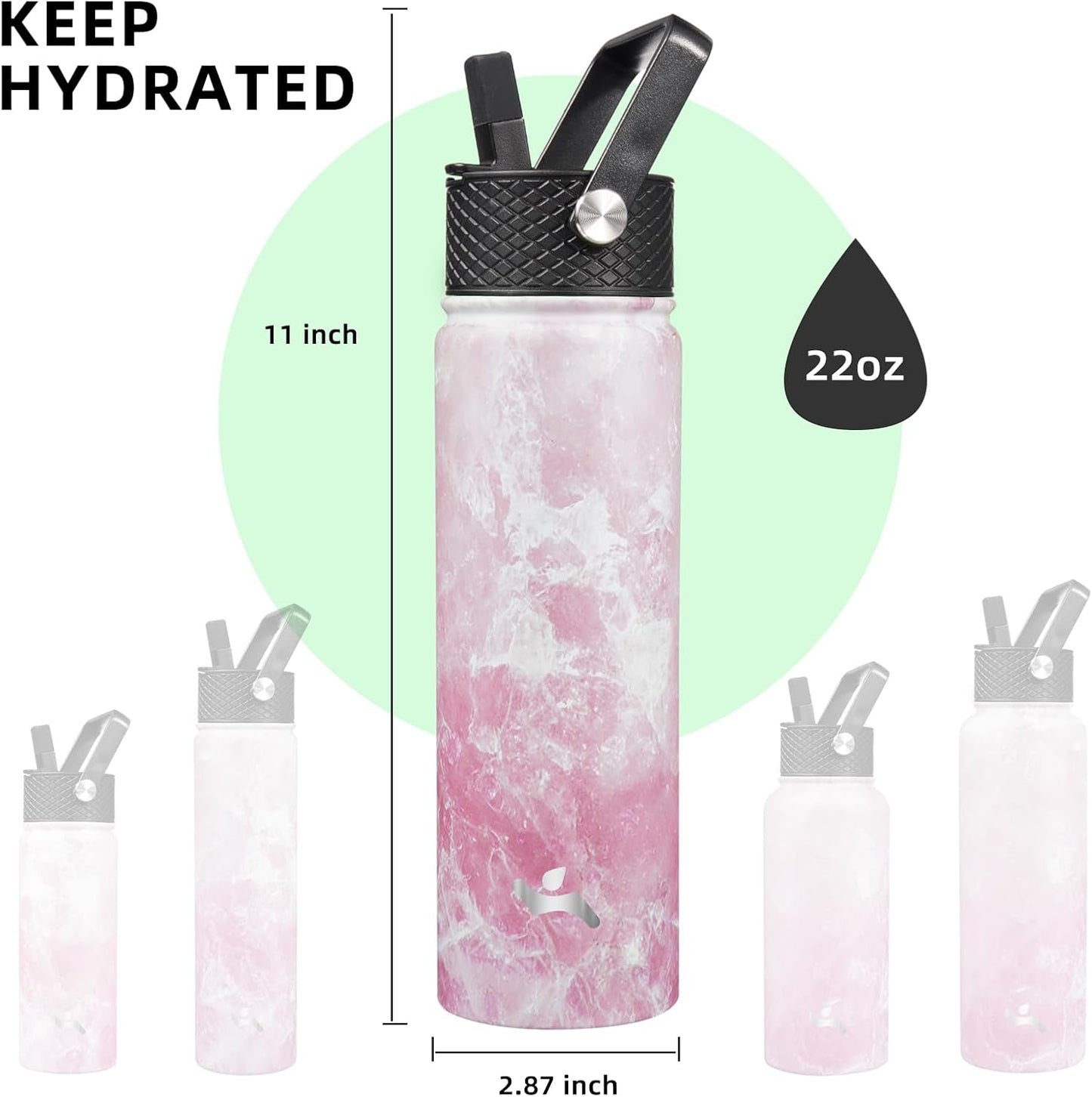 Skiennix 22oz Stainless Steel Water Bottle - Insulated with 3 Lids | Marble Blossom Design