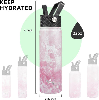 Skiennix 22oz Stainless Steel Water Bottle - Insulated with 3 Lids | Marble Blossom Design