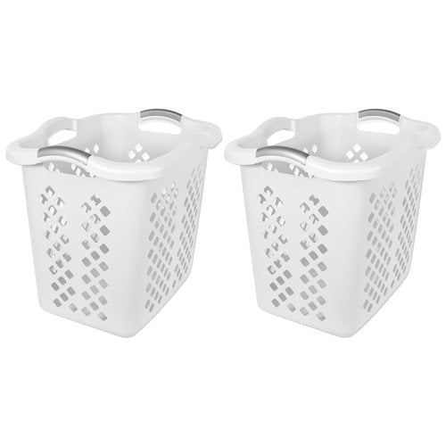 2-bushel capacity laundry baskets with silver handles, white, 2-pack