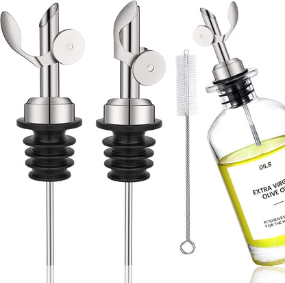 WAFJAMF 2 Pcs Weighted Stainless Steel Bottle Pourers, Self Closing Olive Oil Dispenser Spout, Auto Flip Feature Liquor Pour Spouts for Pours Liquid, Olive Oil, Wine, Vinegar (Silver)