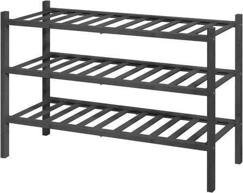 Kitsure Bamboo Wooden Shoe Rack - Stackable 3-Tier Organizer, Space-Saving Shelf for Entryway | Black, 26.8" Wide