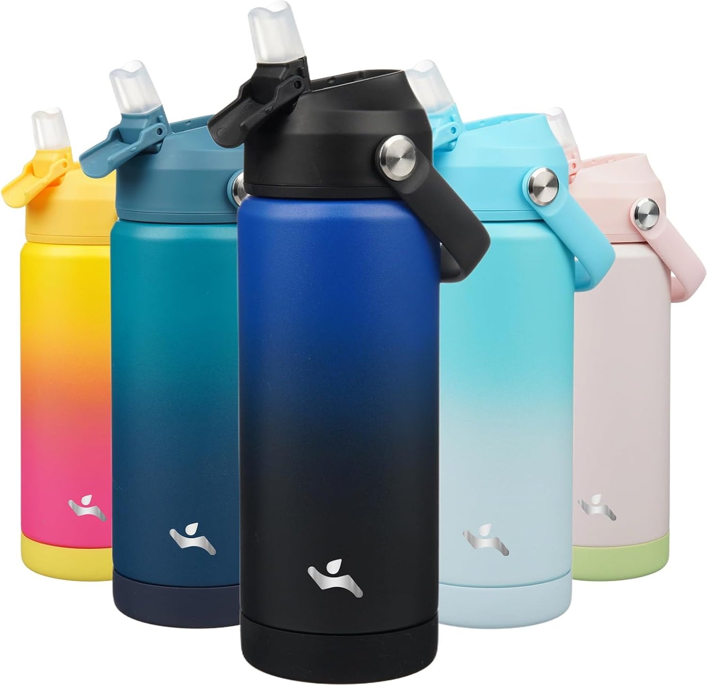 Skiennix Insulated Water Bottle - 18 oz Stainless Steel with Straw Lid & Silicone Handle | Black/Blue