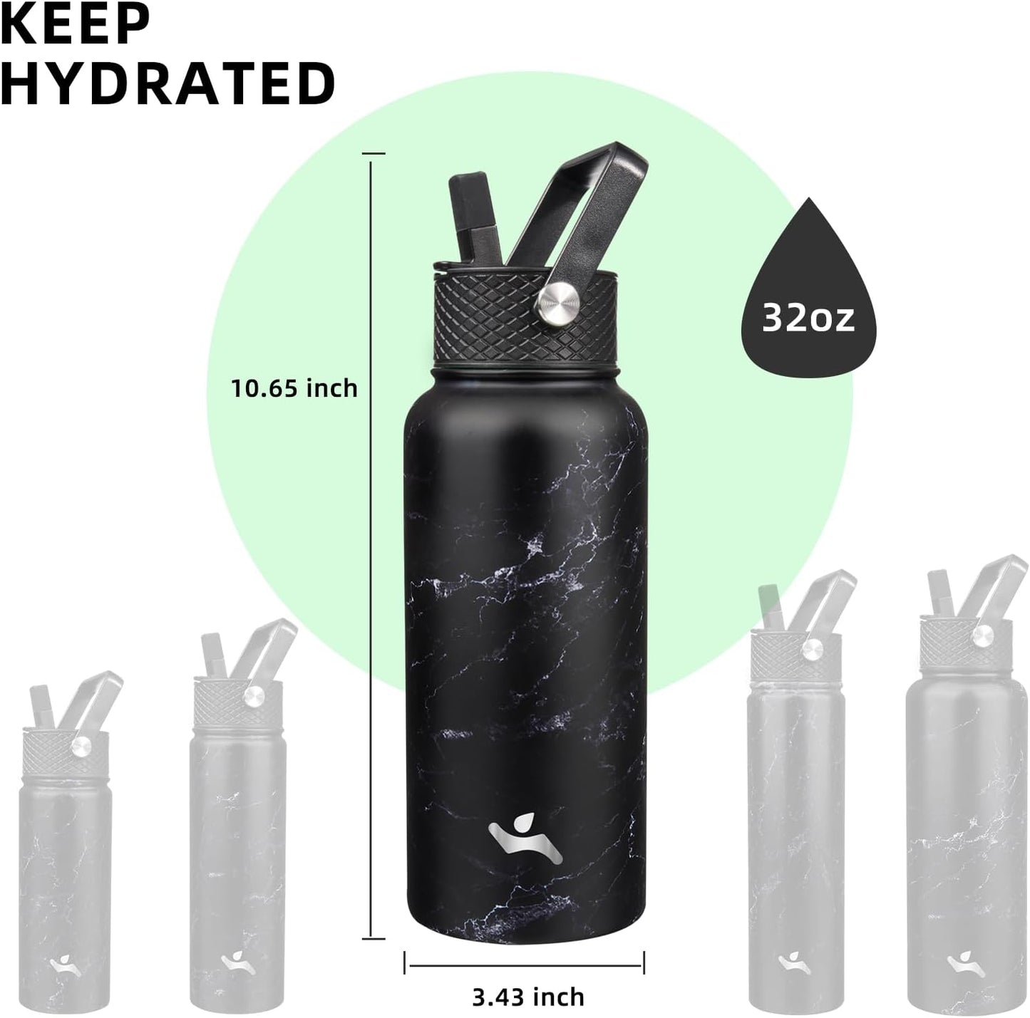 Skiennix 32 Oz Insulated Stainless Steel Water Bottle - Marble Midnight | 3 Lids Included