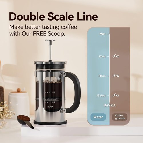 BAYKA French Press Coffee Maker - 34oz Cold Brew Iced Coffee Pot | Heat-Resistant Borosilicate Glass, Silver
