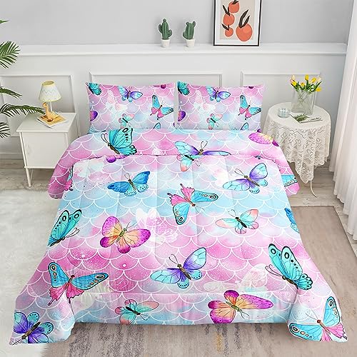 Datura home Kids Comforter Set Mermaid Scale Butterfly Printed Pattern Bedding Set with 1 Comforter and 2 Pillowcases for Girls Boys Bedroom All Season(Mermaid Full)