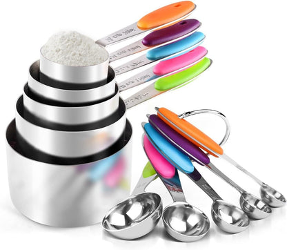 Skiennix Measuring Cups and Spoons Set - 10-Piece Stainless Steel with Silicone Handles | Stackable & Easy to Store
