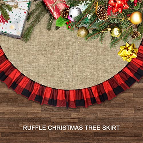 48 Inch Buffalo Plaid Burlap Tree Skirt with Ruffle - Rustic Farmhouse Christmas Decor
