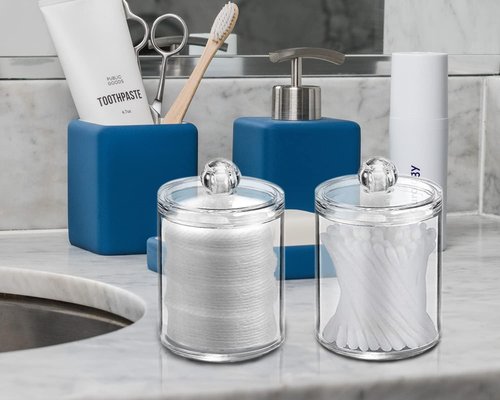 DAPOWER Qtip Holder Storage Canister - 10-Ounce Clear Plastic Apothecary Jar for Cotton Balls & Swabs