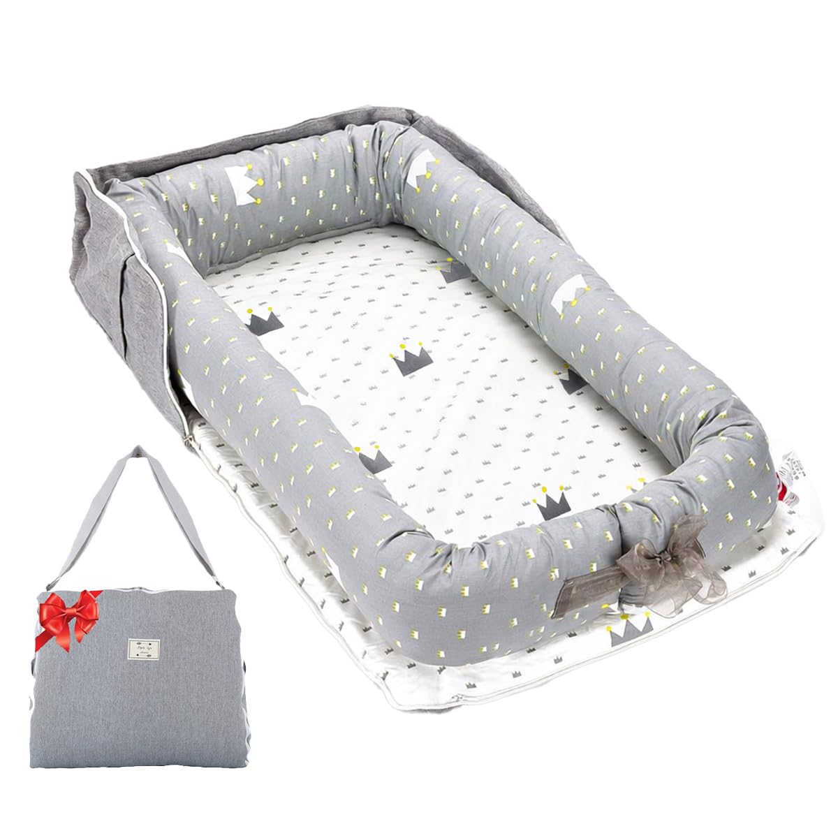 **Baby Lounger | 100% Cotton Breathable Infant Support Cushion - Adjustable Size, Portable for Home & Travel (Crown Grey)**