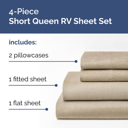 Short Queen Size 4 Piece Sheet Set - RV Short Queen, Soft, Breathable & Cooling Bed Sheets Set with Deep Pockets - Hotel Luxury Bedding for Women, Men, Kids, Teens, Boys and Girls - Heathered Beige