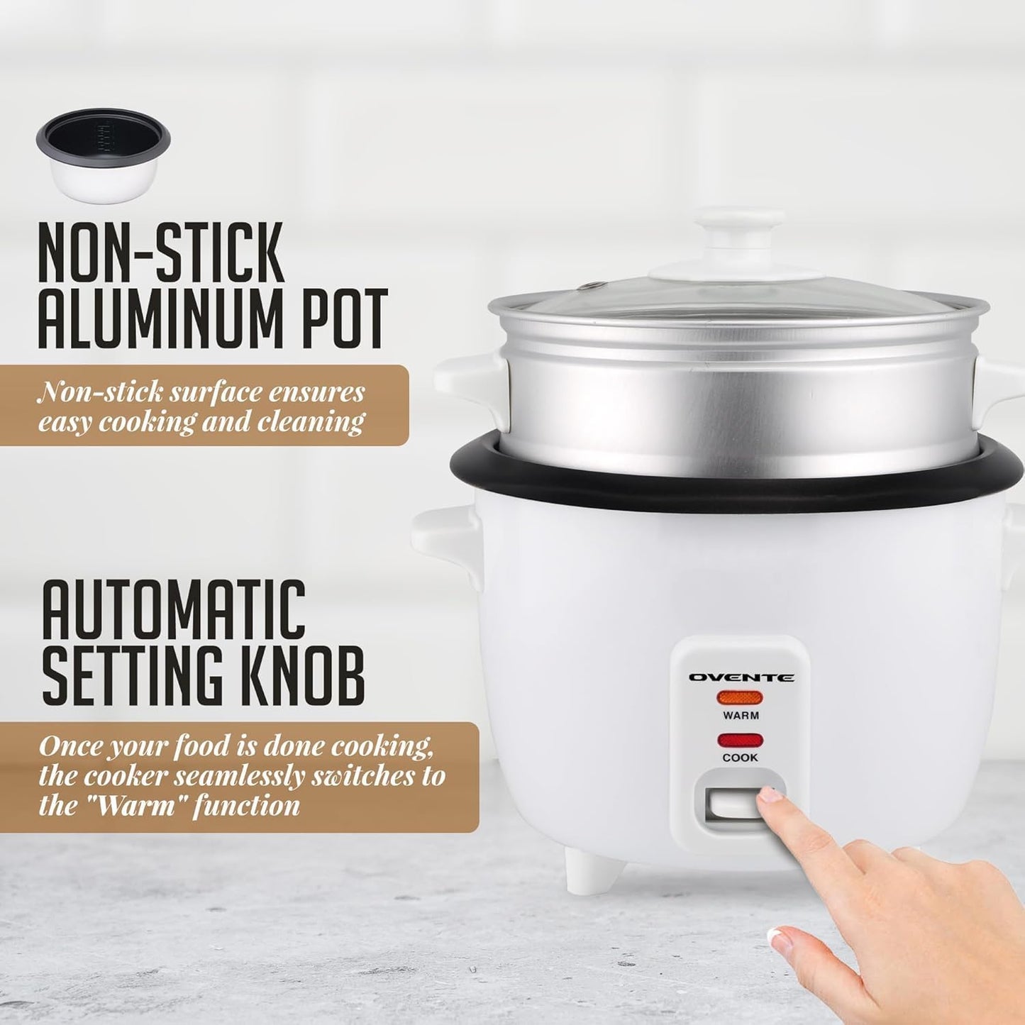 OVENTE Electric Rice Cooker - 10-Cup Capacity, Nonstick Pot & Steaming Basket Included | White RCS01W