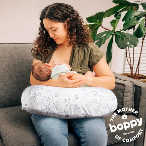 Boppy Nursing Pillow - Firm, Ergonomic U-Shaped Bottle and Breastfeeding Pillow with High Lift for Comfort and Support, Spacious Surface - Gray Gentle Leaves