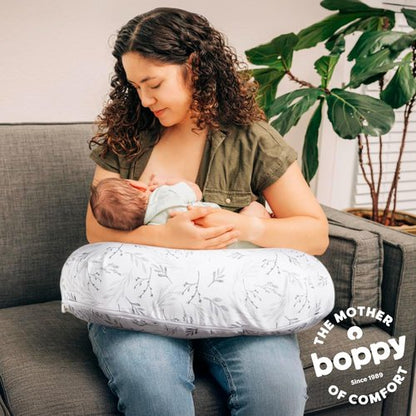 Boppy Nursing Pillow - Firm, Ergonomic U-Shaped Bottle and Breastfeeding Pillow with High Lift for Comfort and Support, Spacious Surface - Gray Gentle Leaves