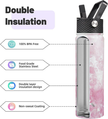 Skiennix 22oz Stainless Steel Water Bottle - Insulated with 3 Lids | Marble Blossom Design