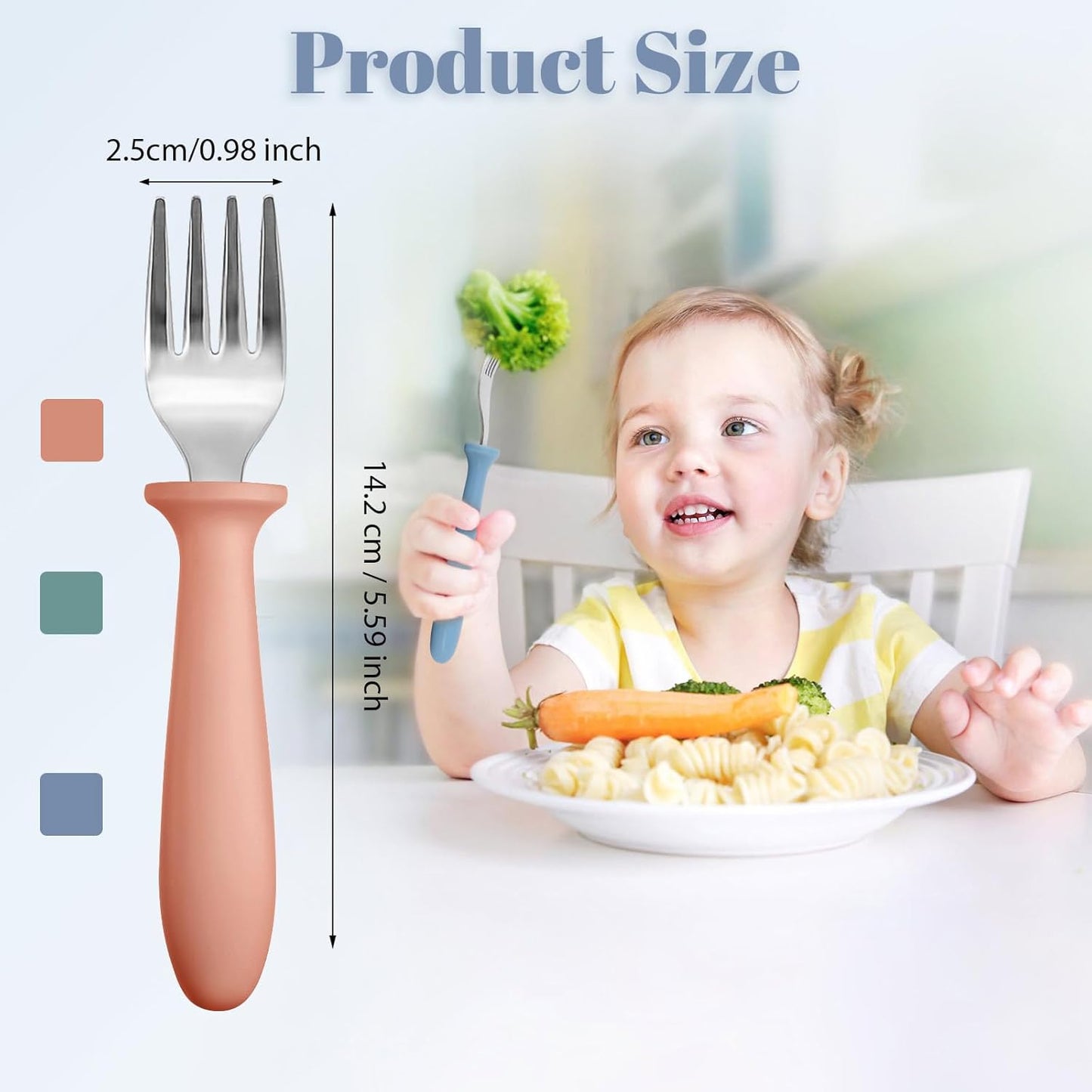 Pimoys 6-Pack Stainless Steel Toddler Forks - Safe Self-Feeding Utensils with Plastic Handles