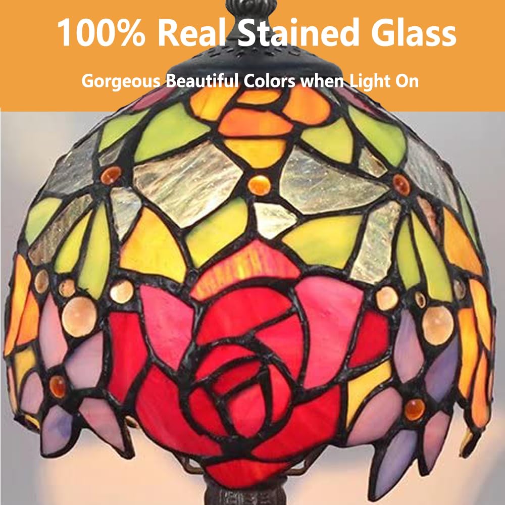 Vesbiela Stained Glass Lamp 8'', Red Flower Tiffany Table Lamp for Bedroom Study Office Home Tiffany Style Table Lamp