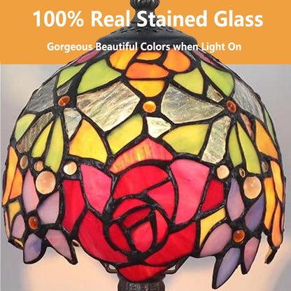 Vesbiela Stained Glass Lamp 8'', Red Flower Tiffany Table Lamp for Bedroom Study Office Home Tiffany Style Table Lamp
