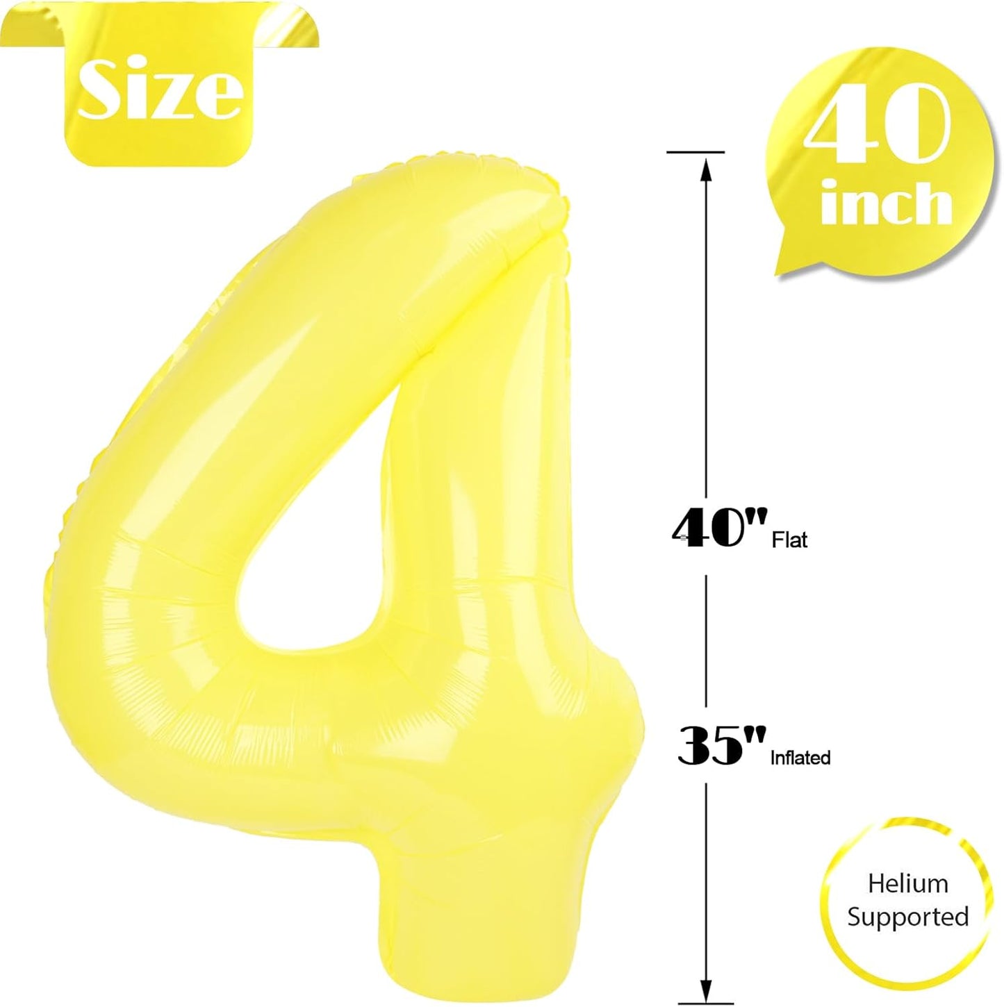 Yellow Number 4 Balloon - 40 Inch Giant Foil Balloon for 4th Birthday Party Decorations