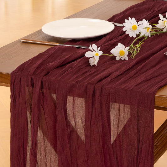 Socomi Burgundy Red Cheesecloth Table Runner - 120 Inch Boho Rustic Sheer Decor for Weddings & Parties