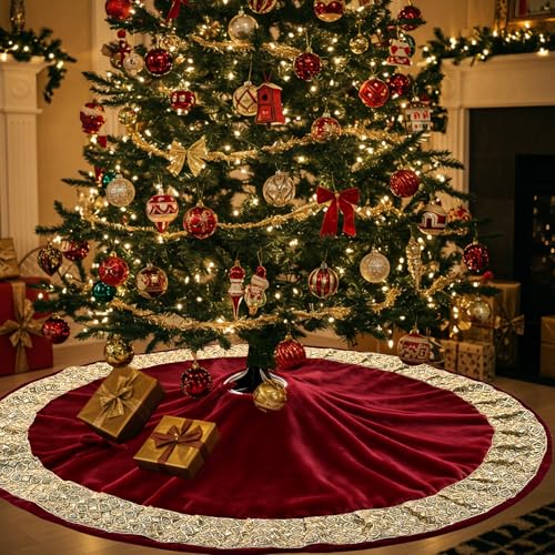 48 Inch Luxury Red Velvet Christmas Tree Skirt with Gold Glitter Trim