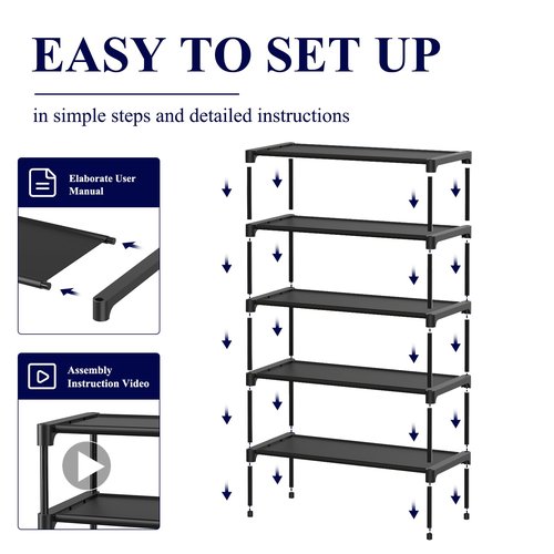 Kitsure Shoe Rack - Non-Woven Shoe Rack Shelf, Shoe Organizer for Closet, Entryway, Garage & Corridor, Stackable Shoe Shelves, 27.5" Wide - 5 Tier, Black