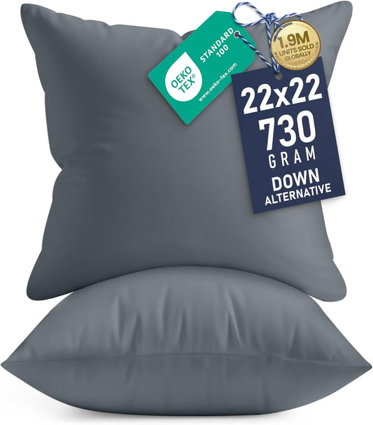Utopia Bedding 22x22 Pillow Inserts - Set of 2 Grey Decorative Throw Pillows for Sofa & Couch - Soft & Fluffy Cushions
