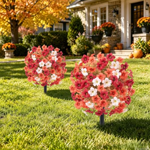 Artificial Mums Topiary Ball Flowers with Ground Spikes for Outdoor Decor - 2 Pack