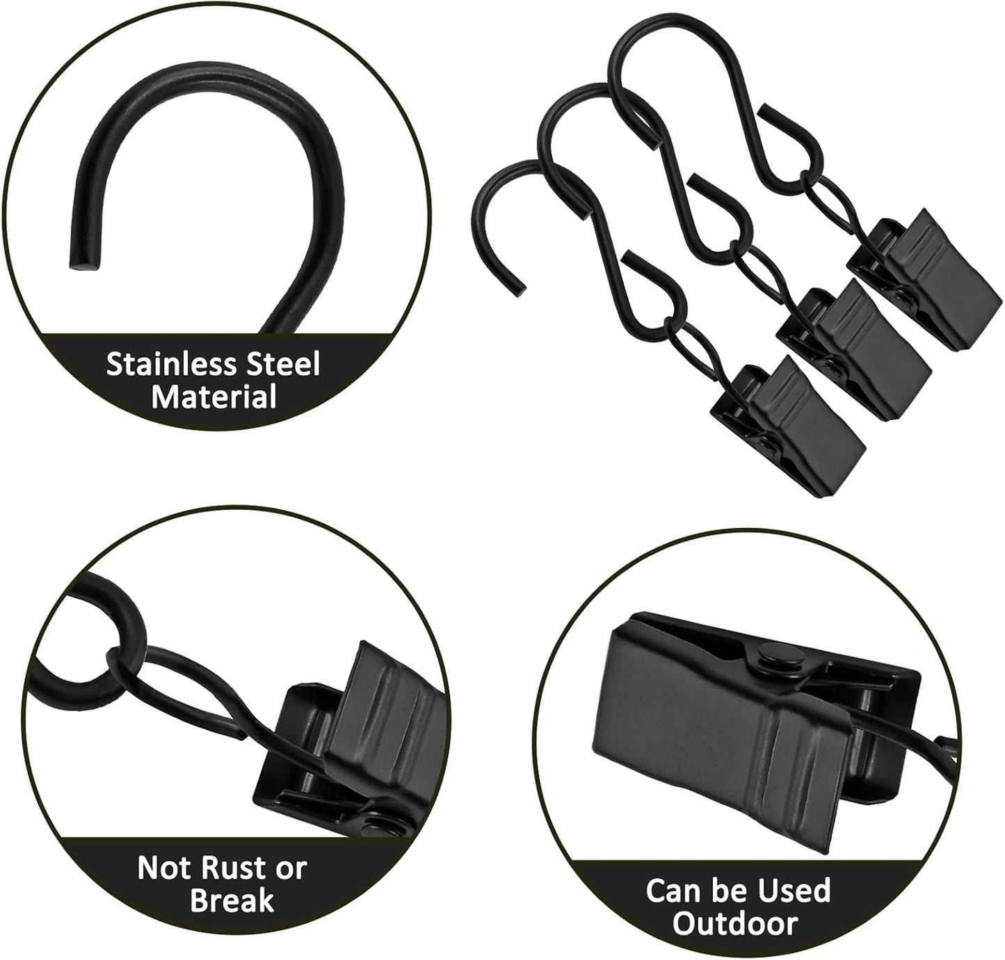 Skiennix 50 Pack Stainless Steel S Hooks - Durable Curtain Clips for String Lights | 2.4 Inch Long, Black
