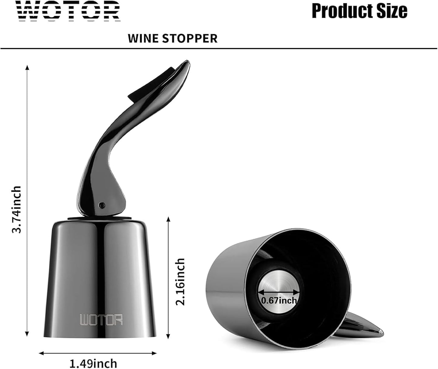 WOTOR Stainless Steel Wine Bottle Stoppers with Silicone - Reusable Wine Saver and Decorative Bottle Sealer, Leakproof, Keep Fresh, Metalblack, 2 Pack