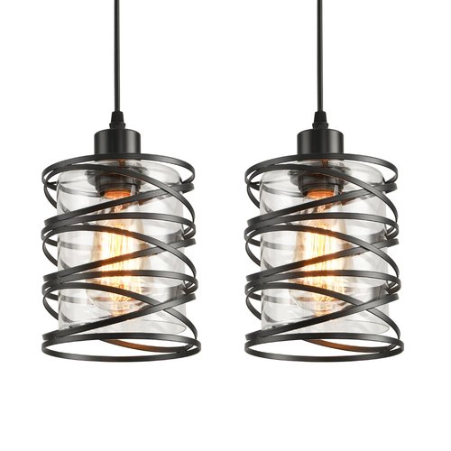 IHENGYANLT 2 Pack Black Spiral Cage Pendant Lights with Clear Glass Shade, Suitable for Kitchen Island, Dining Table, Entryway, Restaurant