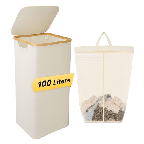 100L Foldable Laundry Basket with Lid, Dirty Clothes Hamper for Dormitories and Gyms | Laundry Hamper with Removable Bag, Beige