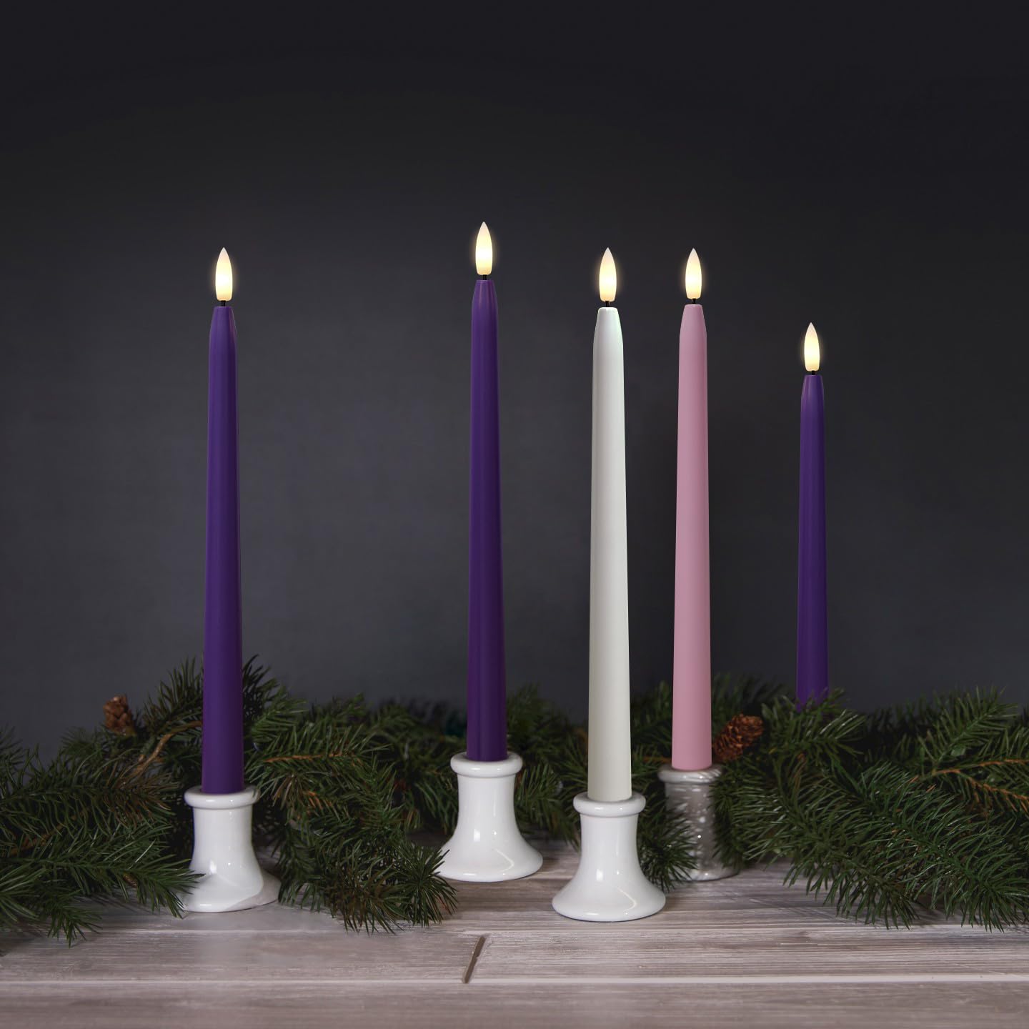 Stmarry Flameless Advent Candles, Set of 5 - Flickering LED Flame, 11 Inch Taper Candlesticks, Remote Controlled - 3 Purple, 1 Pink, 1 White for Christmas Wreath