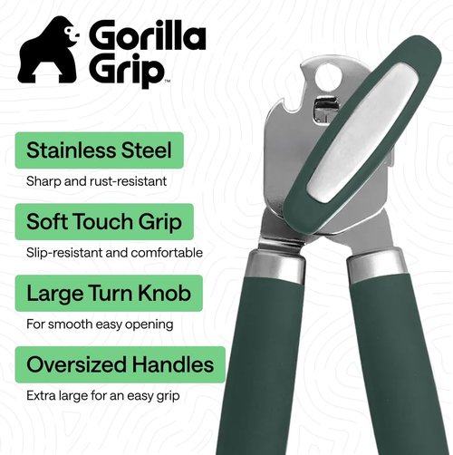 GORILLA GRIP Heavy Duty Can Opener - Smooth Edge Design with Comfortable Handle | Hunter Green