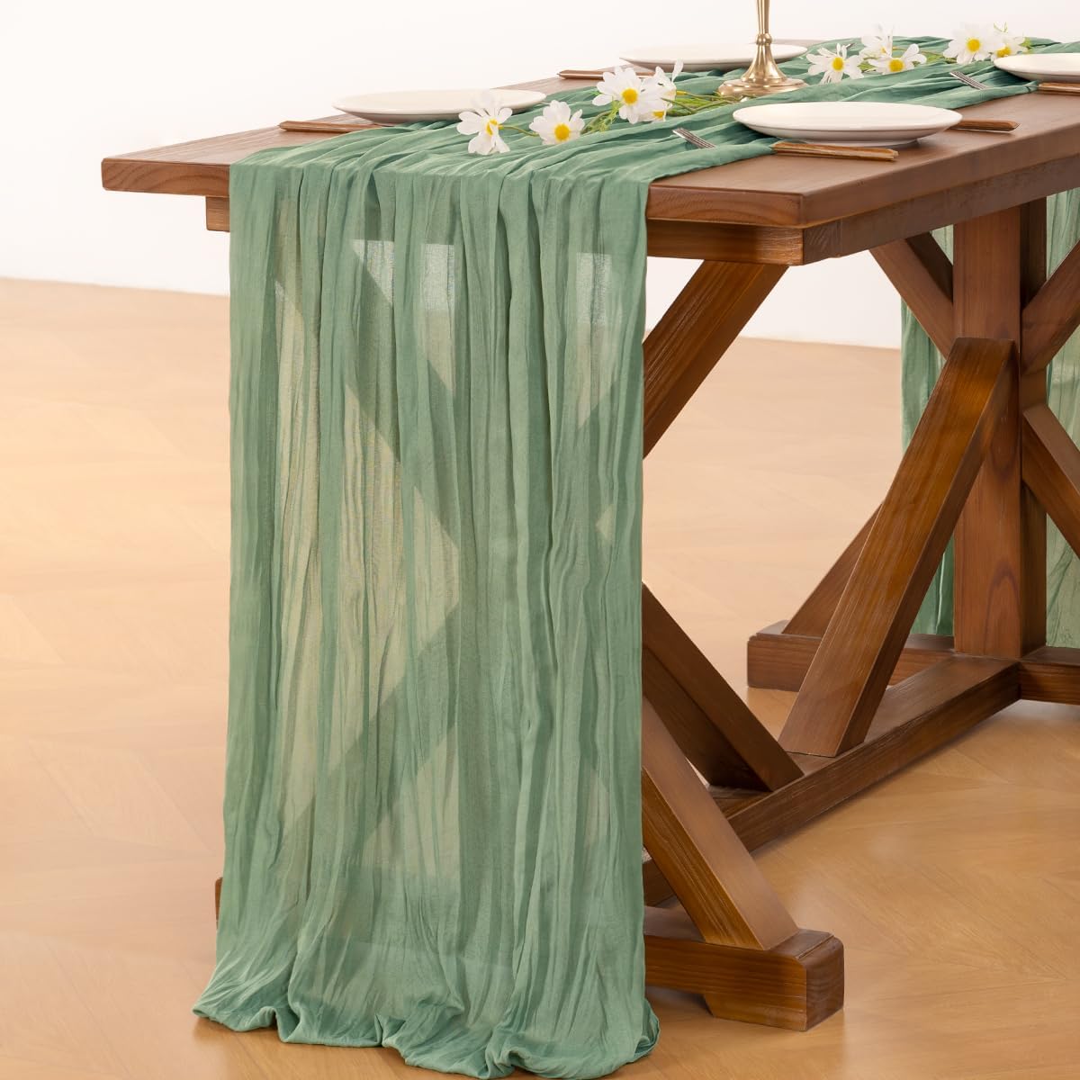 Socomi Cheesecloth Table Runner - Sage Green Boho Rustic Decor | 120 Inch for Weddings & Events