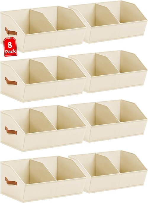 Homsorout Closet Organizers - 8 Pack Collapsible Trapezoidal Storage Bins with Orange Handles | Beige