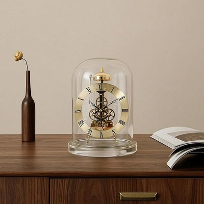 Gold Clock Mechanical Table Clock with Visible Gears, Roman Numerals, 360° Clear Dome