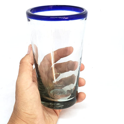 MexHandcraft Cobalt Blue Rim 16 oz Pint Glasses (set of 6), Recycled Glass, Lead-free, Toxin-Free (16oz Pint)