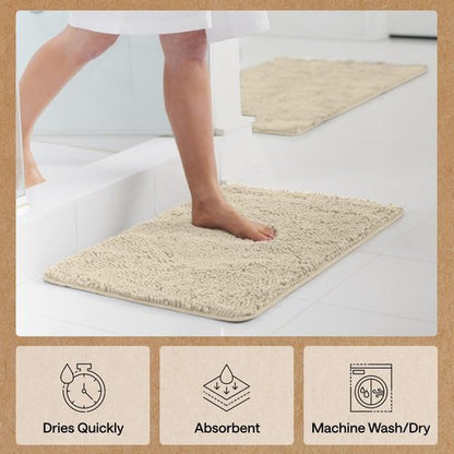 GORILLA GRIP Bath Rug Mat - Thick Soft Absorbent Chenille | Quick-Dry Microfiber, 24x17, Sand