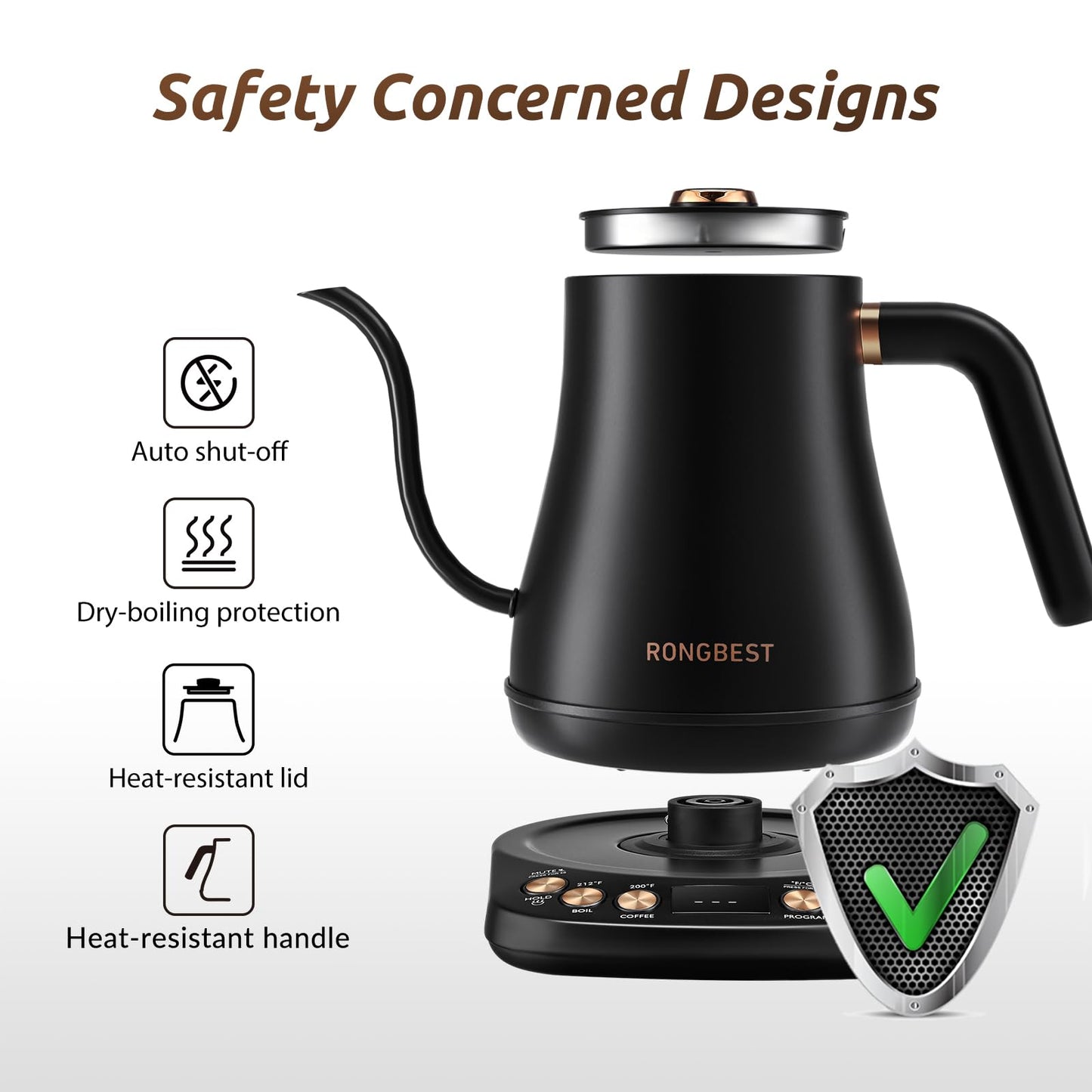 RONGBEST Electric Gooseneck Kettle, 1200W, 6 Temperature Settings, Stainless Steel Inner Lid & Bottom, 1L Quick Heating Pour Over Kettle for Coffee & Tea, Matte Black