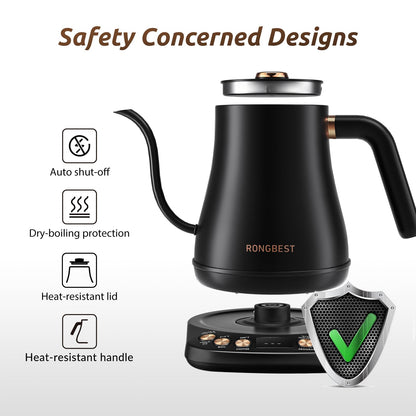 RONGBEST Electric Gooseneck Kettle, 1200W, 6 Temperature Settings, Stainless Steel Inner Lid & Bottom, 1L Quick Heating Pour Over Kettle for Coffee & Tea, Matte Black