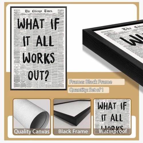 Framed What If It All Works Out Wall Art - Black and White Motivational Canvas Print | 12x16 Inch Inspirational Decor for Home and Office