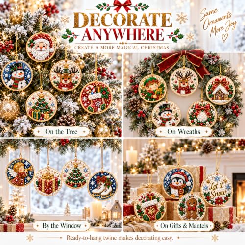 Christmas Pearl Diamond Art Kits - 10pcs Holiday Ornaments with Gems & Twine - Variation #J