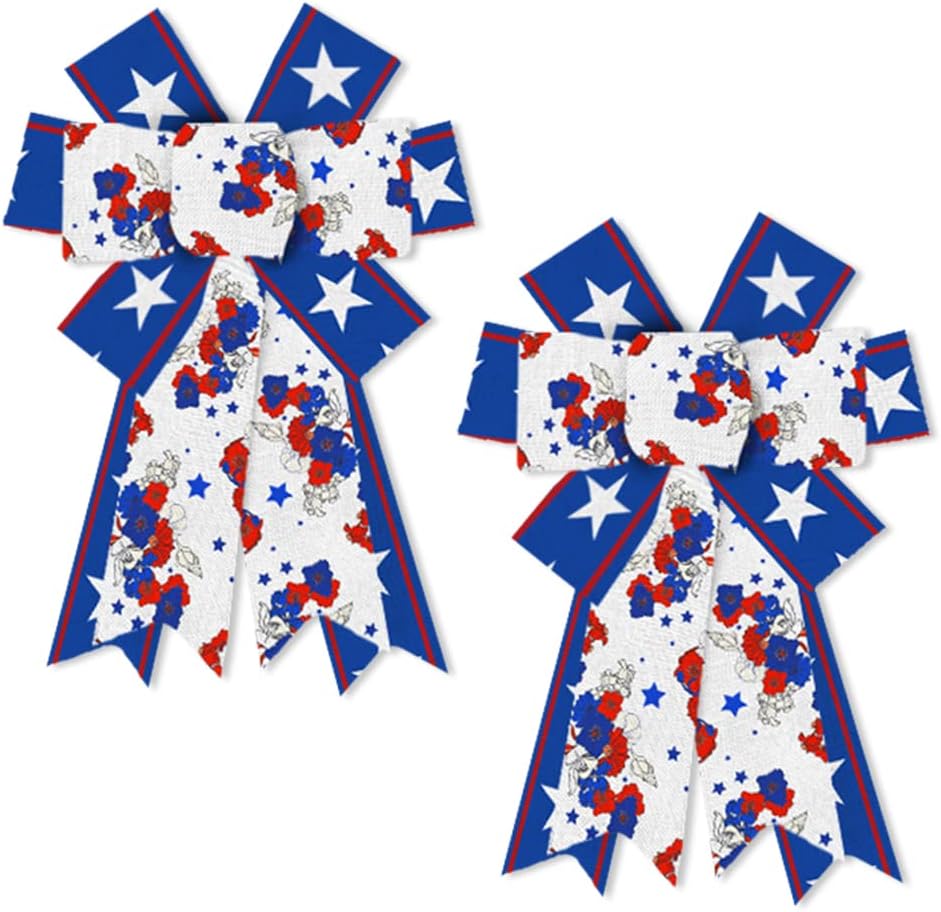 Skiennix Patriotic Wreath Bows - Red, White & Blue Burlap Flowers | 2PCS for 4th of July Decor