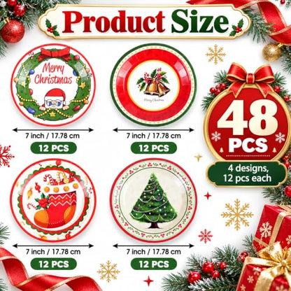48Pcs Christmas Paper Plates 7 Inch Disposable Holiday Party Dinnerware
