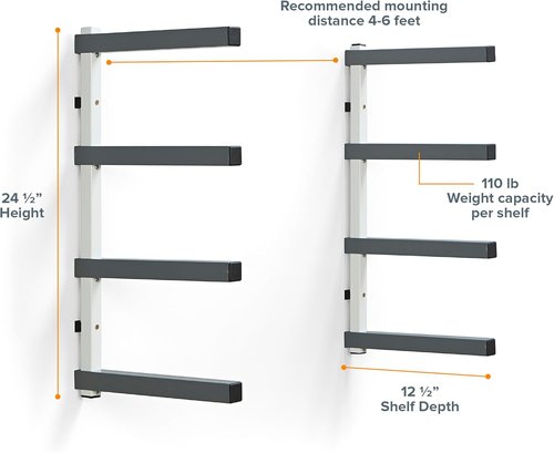 Bora 4-Level Lumber Storage Rack - Space-Saving Metal Shelf for Wood & Garage Organization | PBR-0420 White Gray