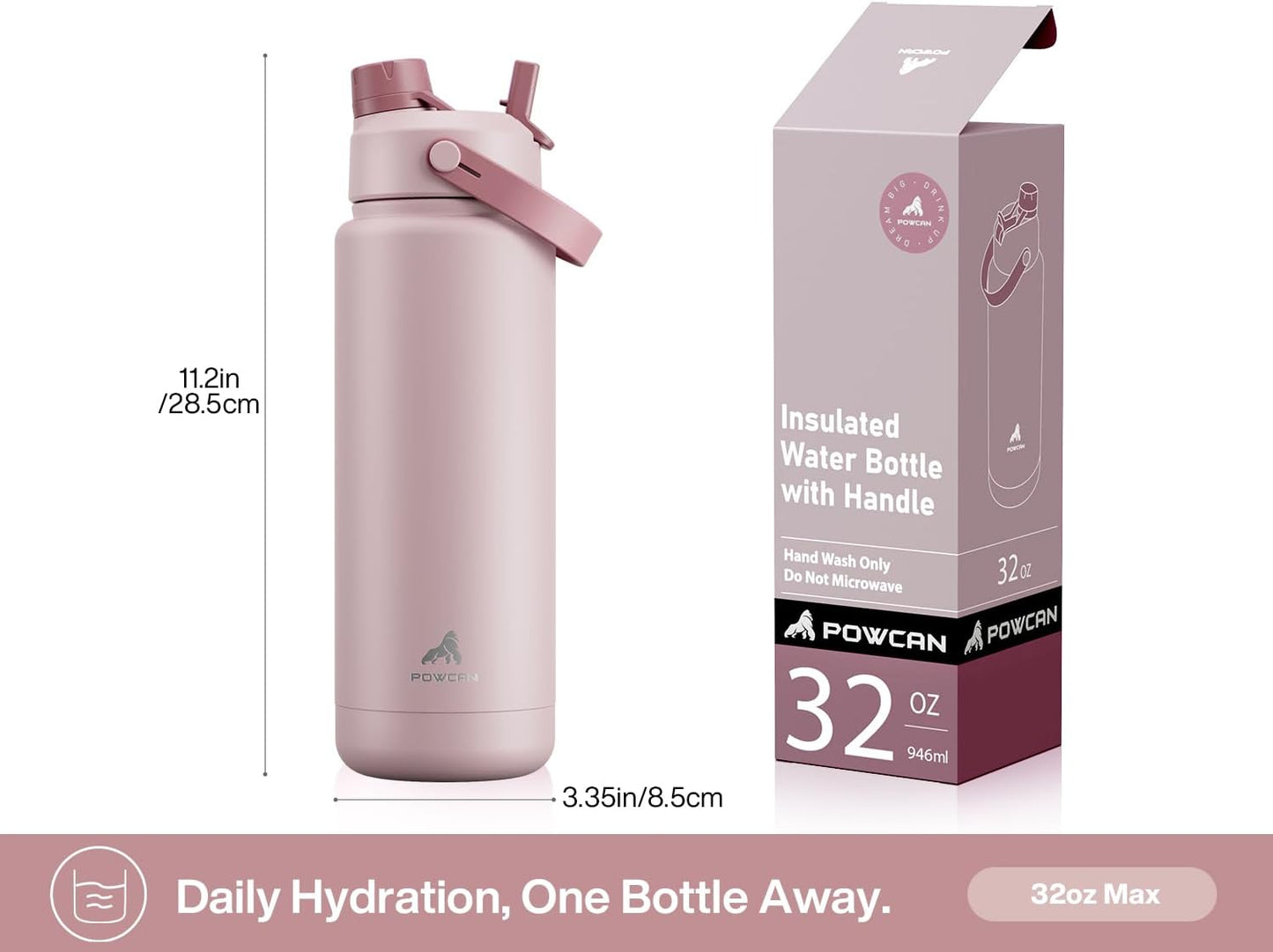 POWCAN 32 oz Insulated Water Bottle - 2-in-1 Straw & Spout Lid, Keeps Drinks Cold 24H | BPA-Free, Leak-Proof (Dried Rose)