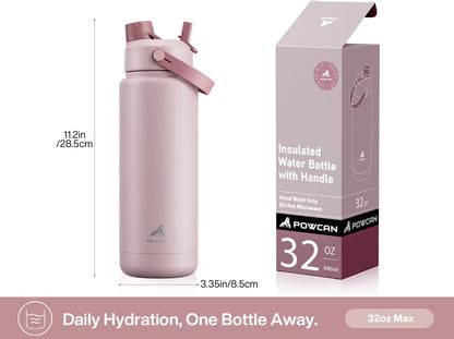 POWCAN 32 oz Insulated Water Bottle - 2-in-1 Straw & Spout Lid, Keeps Drinks Cold 24H | BPA-Free, Leak-Proof (Dried Rose)