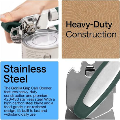 GORILLA GRIP Heavy Duty Can Opener - Smooth Edge Design with Comfortable Handle | Hunter Green