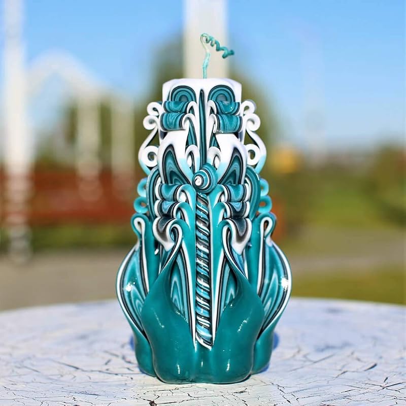 Hand Carved Green Candles 6.7'' | Decorative Teal & Black Layered Candle